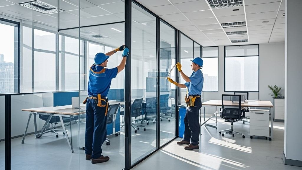 Egood Partition installation team installing a black framed single glass partition in a modern office.