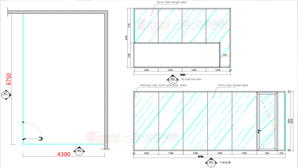 Technical drawing of Egood 30 series full view single glass office partition wall, 12mm clear tempered glass, sand grain black aluminum frame.