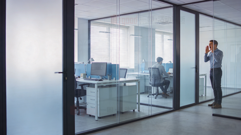 Egood soundproof glass partition wall providing visual and acoustic privacy for a corporate meeting room.