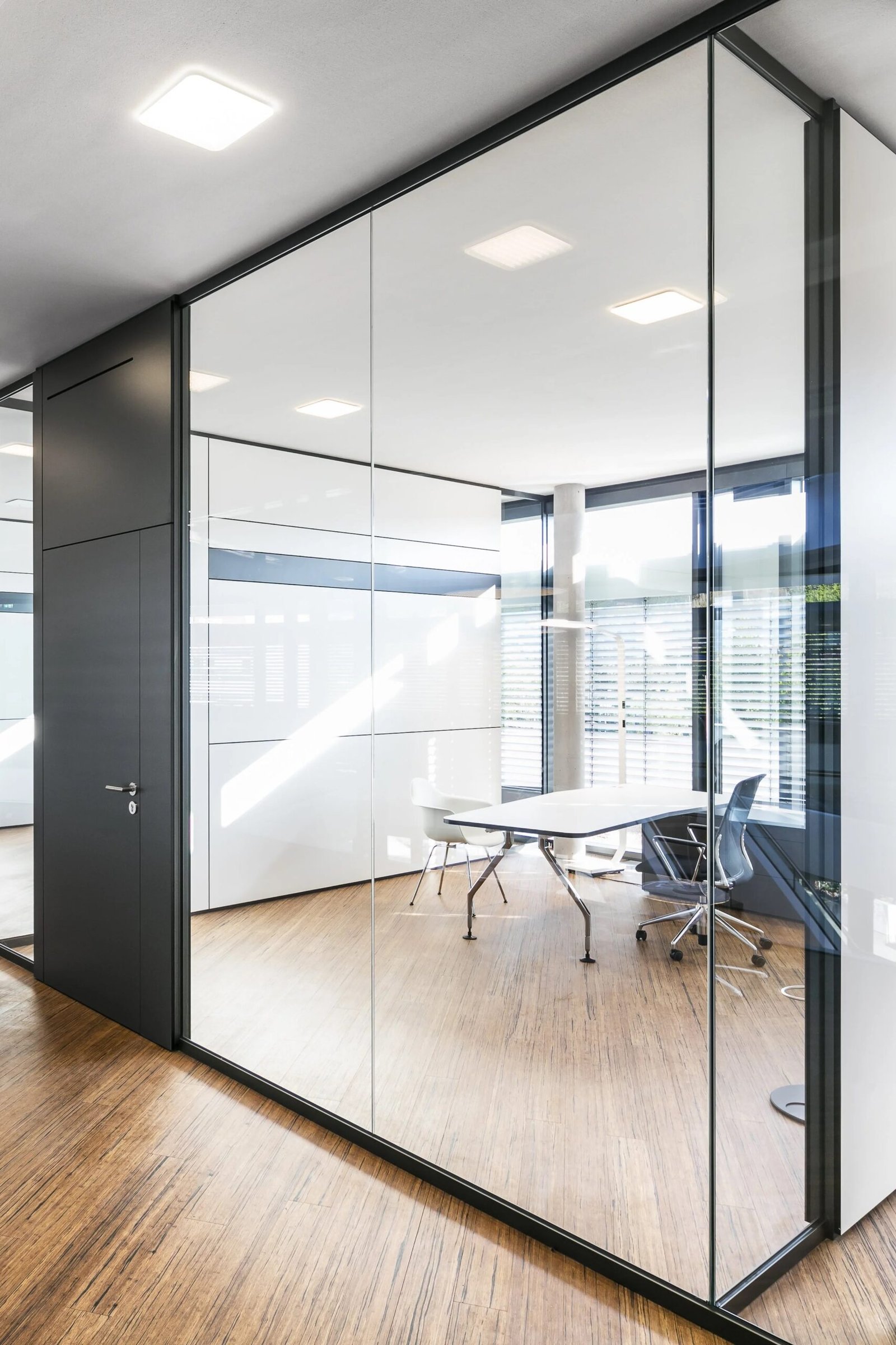 Modern office featuring a black-framed glass partition system that creates a separate meeting area while maintaining an open, light-filled environment.