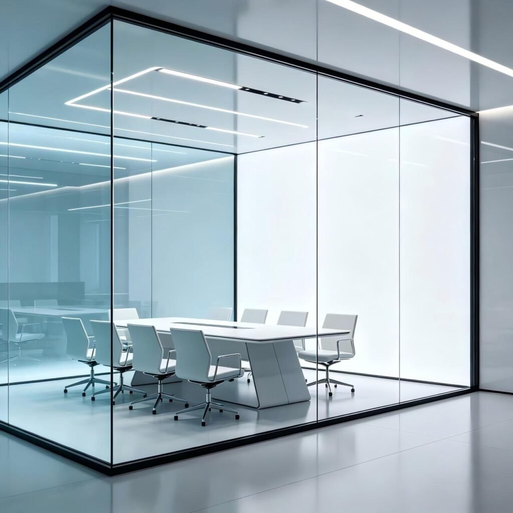 Enclosed meeting room with frosted glass walls and a black frame, including a sleek door handle; the table and chairs are softly visible, offering a sense of privacy.