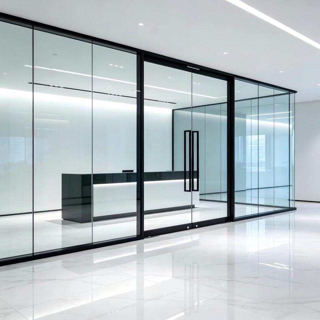 Modern minimalist transparent glass meeting room with a black metal frame, featuring a white conference table and office chairs inside, creating a bright and open workspace.