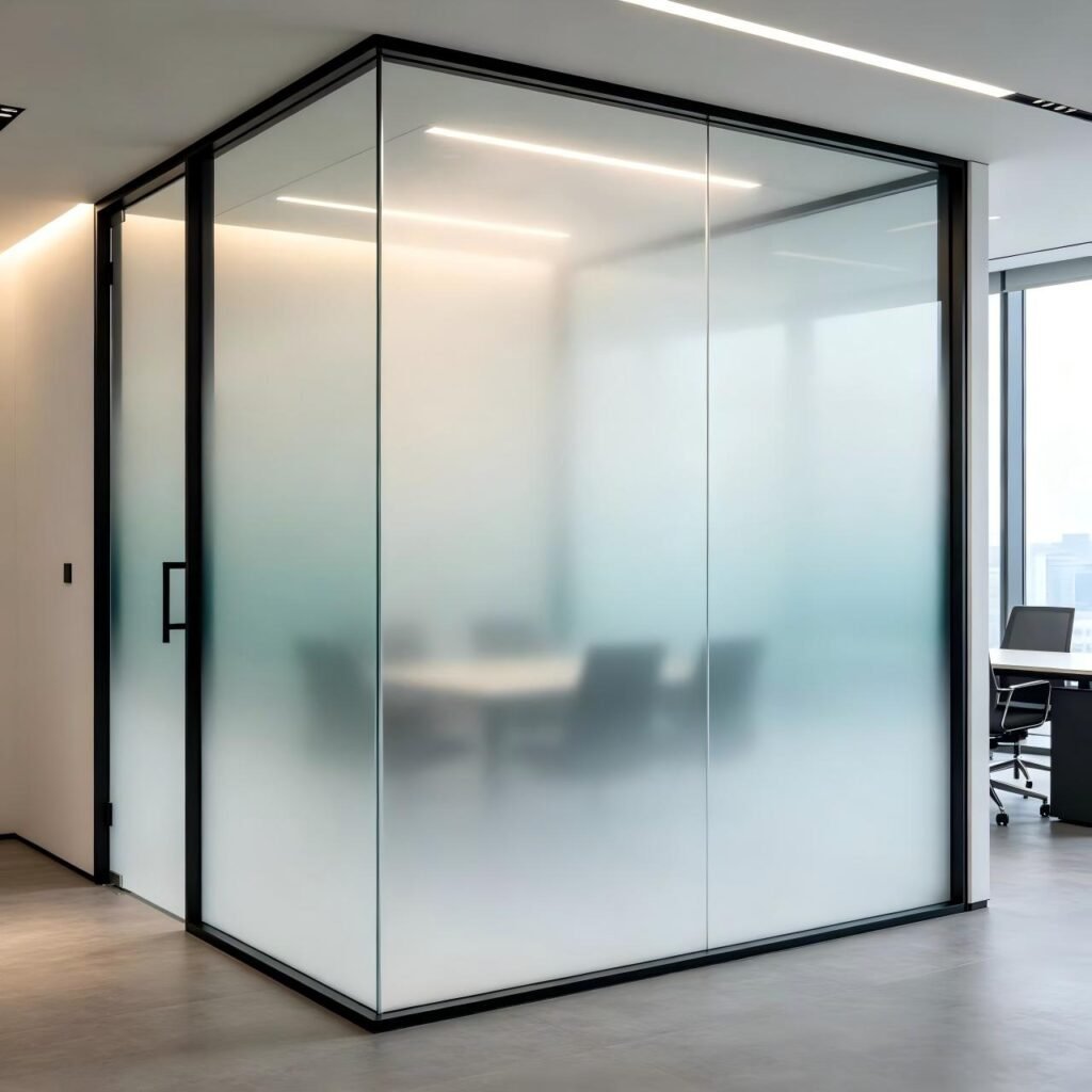 Spacious and bright office interior with floor-to-ceiling glass partitions, black framing, and a clean white floor, complemented by a modern reception desk and minimalist design.