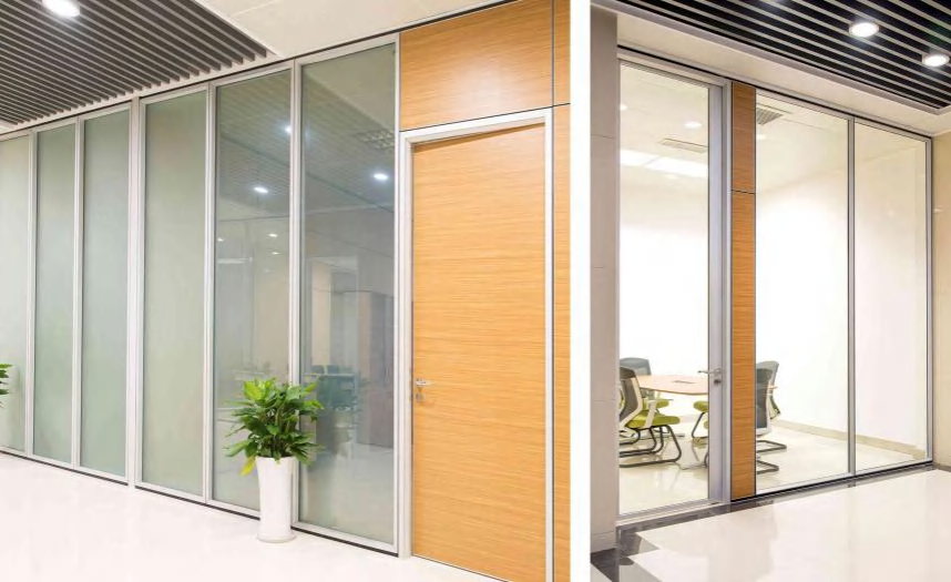 EGG-90A exposed frame double glass partition with integrated wood veneer office door system.