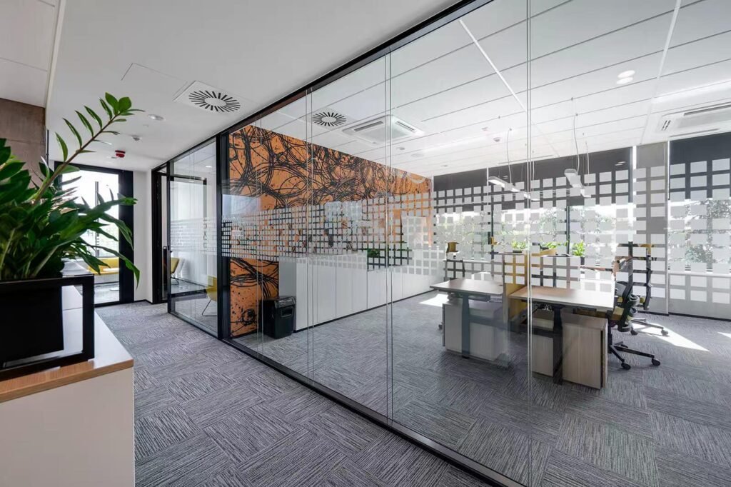 EGG-100C panoramic double glass partition wall with black aluminum frame for office corridors.