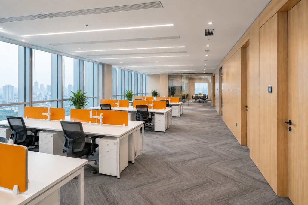 Commercial office space showcasing the integration of orange desk dividers and expansive wood panel walls.