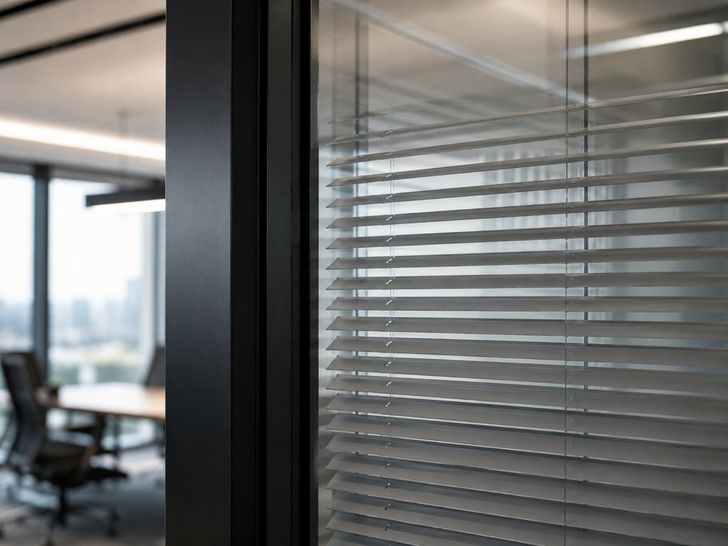 Close-up of integrated venetian blinds within a double-glazed office partition, offering adjustable privacy and low maintenance for office spaces.