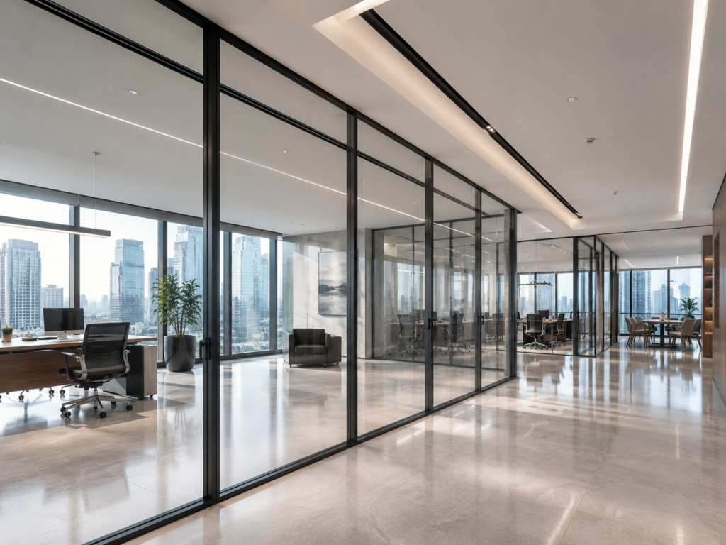 Floor-to-ceiling panoramic glass walls for open-plan office corridors, maximizing natural light and spatial transparency in commercial interiors.