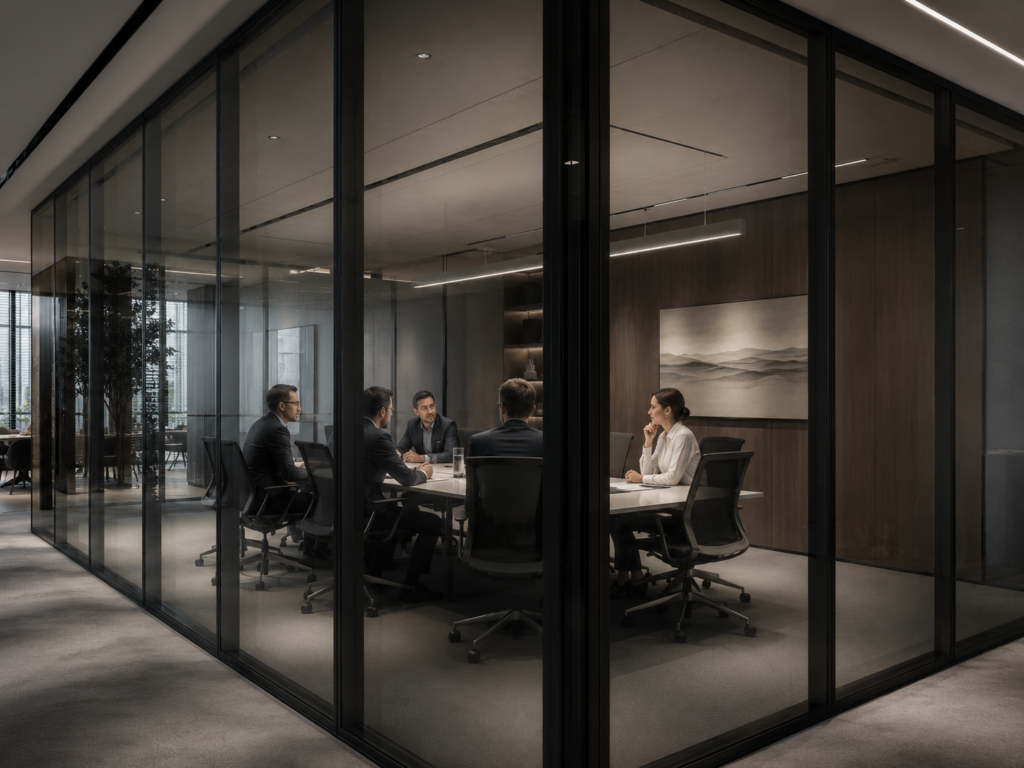Panoramic double glass partition system for executive meeting rooms, providing high acoustic insulation and a modern professional aesthetic.