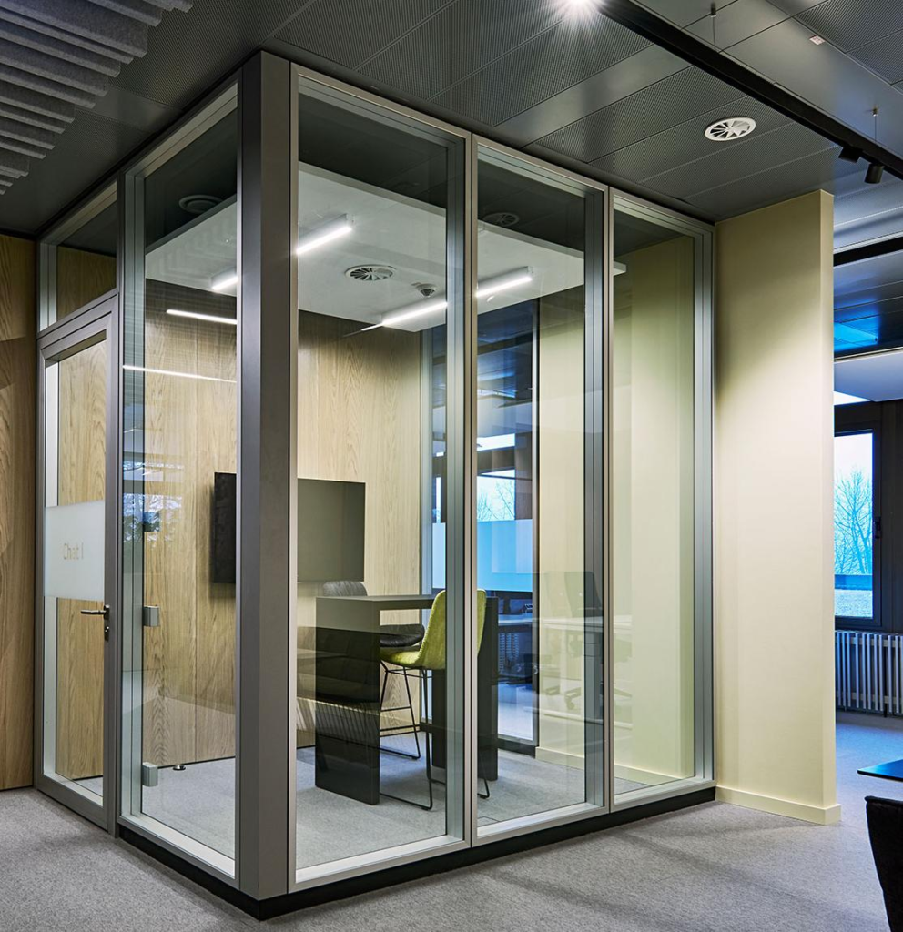EGG-100A Framed Double Glass partition system for modern office meeting rooms with aluminum frames.