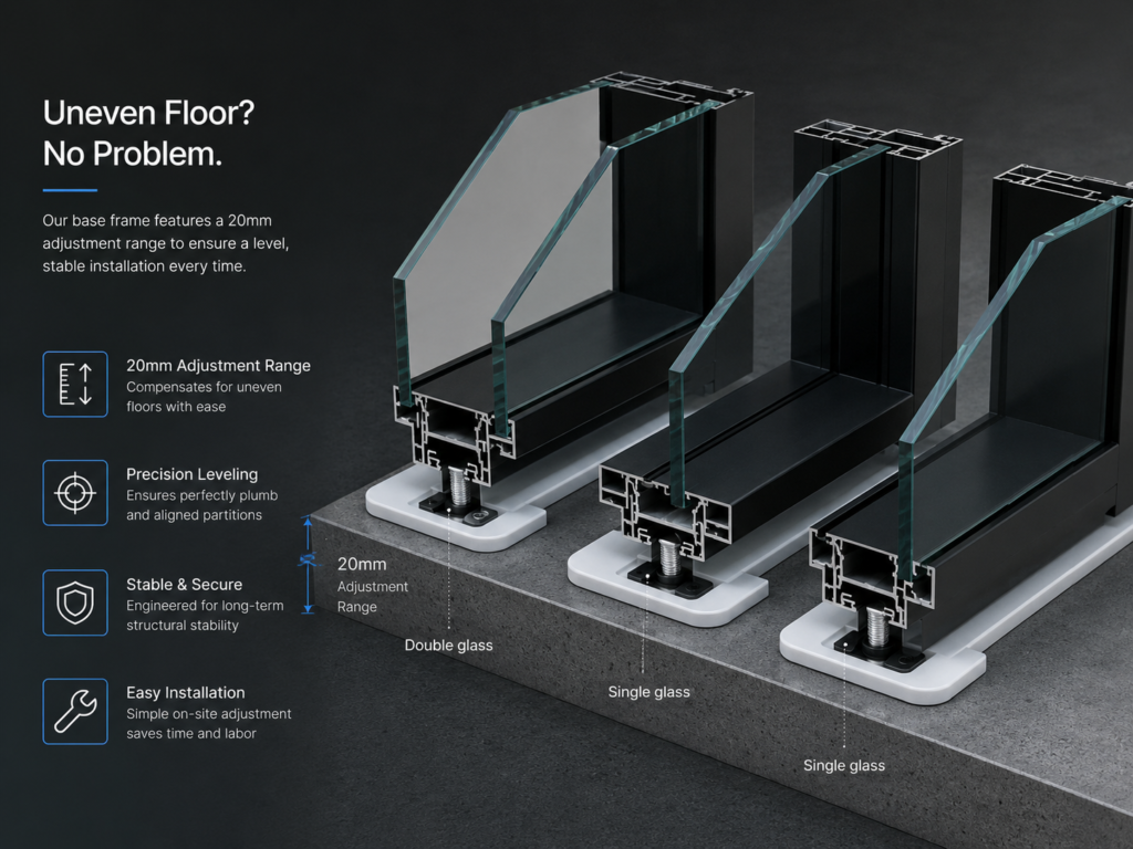 Adjustable base frame system for office glass partitions with a 20mm leveling range to compensate for uneven floors.