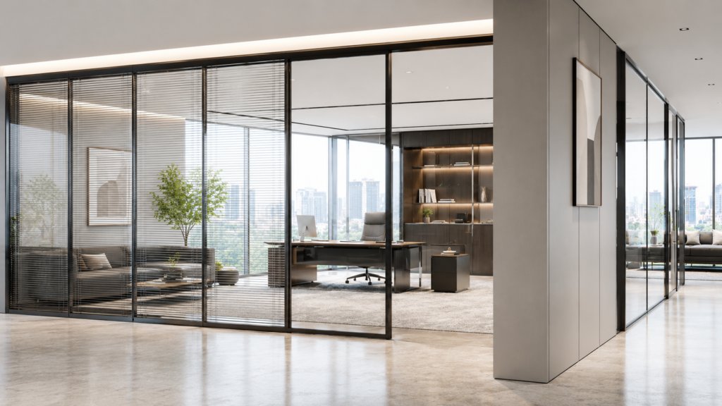Framed office glass partition with integrated blinds and glass door