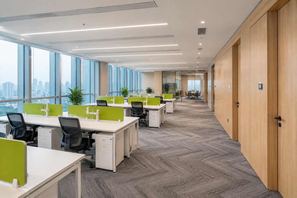 Open-plan office installation with light wood wall panels and white workstations featuring green privacy screens.