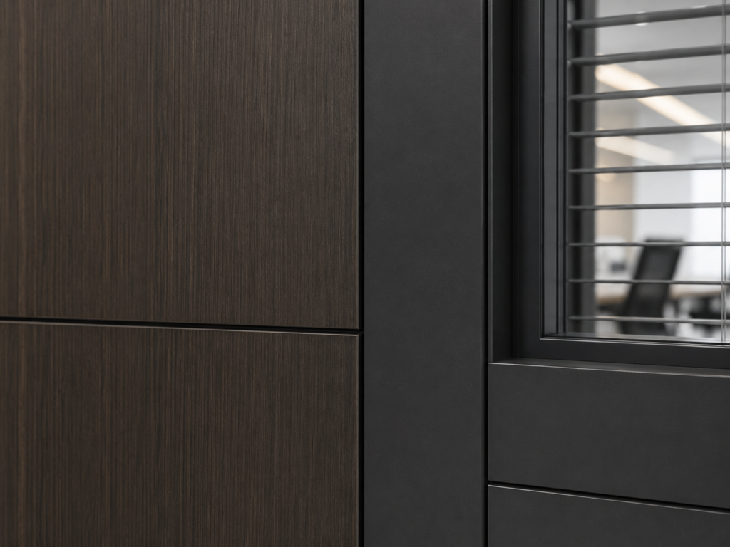 Close-up of a dark wood veneer office partition integrated with a double glass wall system and built-in blinds.