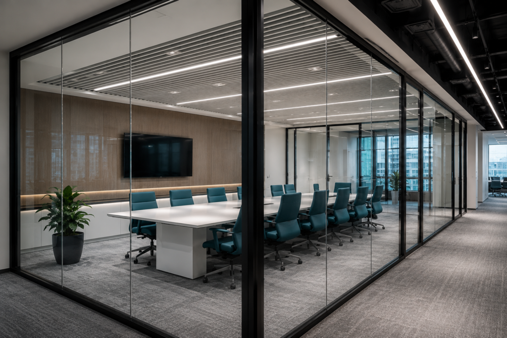 Large glass-walled conference room with blue ergonomic chairs and bright, professional lighting.