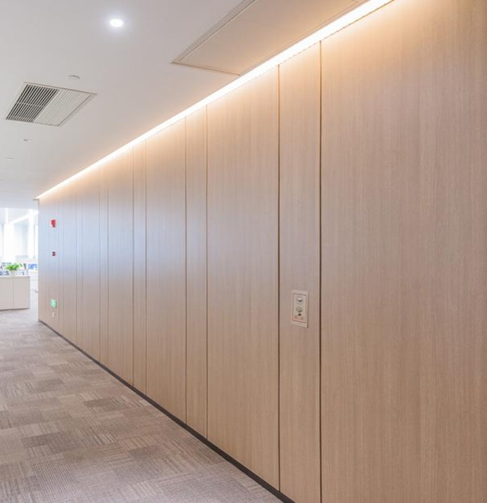EGG-100D Solid Panel System with wood veneer finish and integrated LED linear lighting for office corridors.