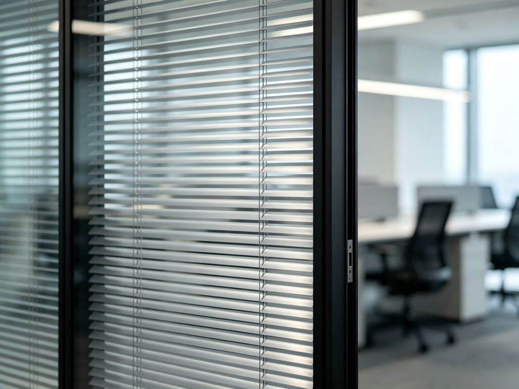 Double glass office partition system with integrated manual blinds for adjustable privacy in modern workspaces.