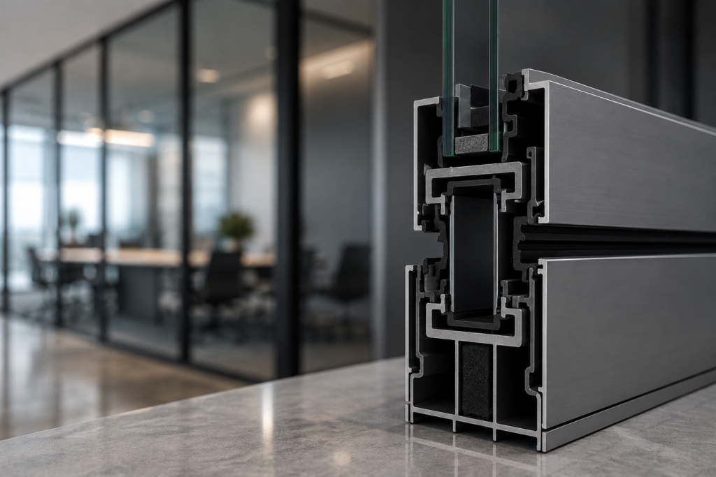 Acoustic aluminum profile detail for office glass partition systems