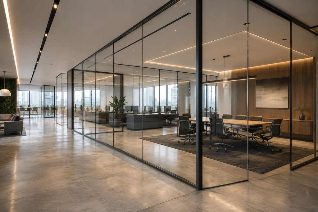 Modern office interior with contemporary glass partition design