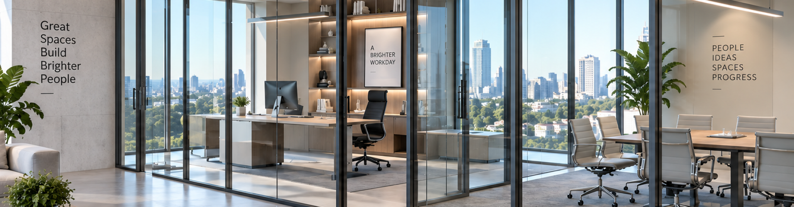 Modern office glass partition with floor-to-ceiling clear glass panels and slim black frames, separating a private office and meeting room in a bright contemporary workspace